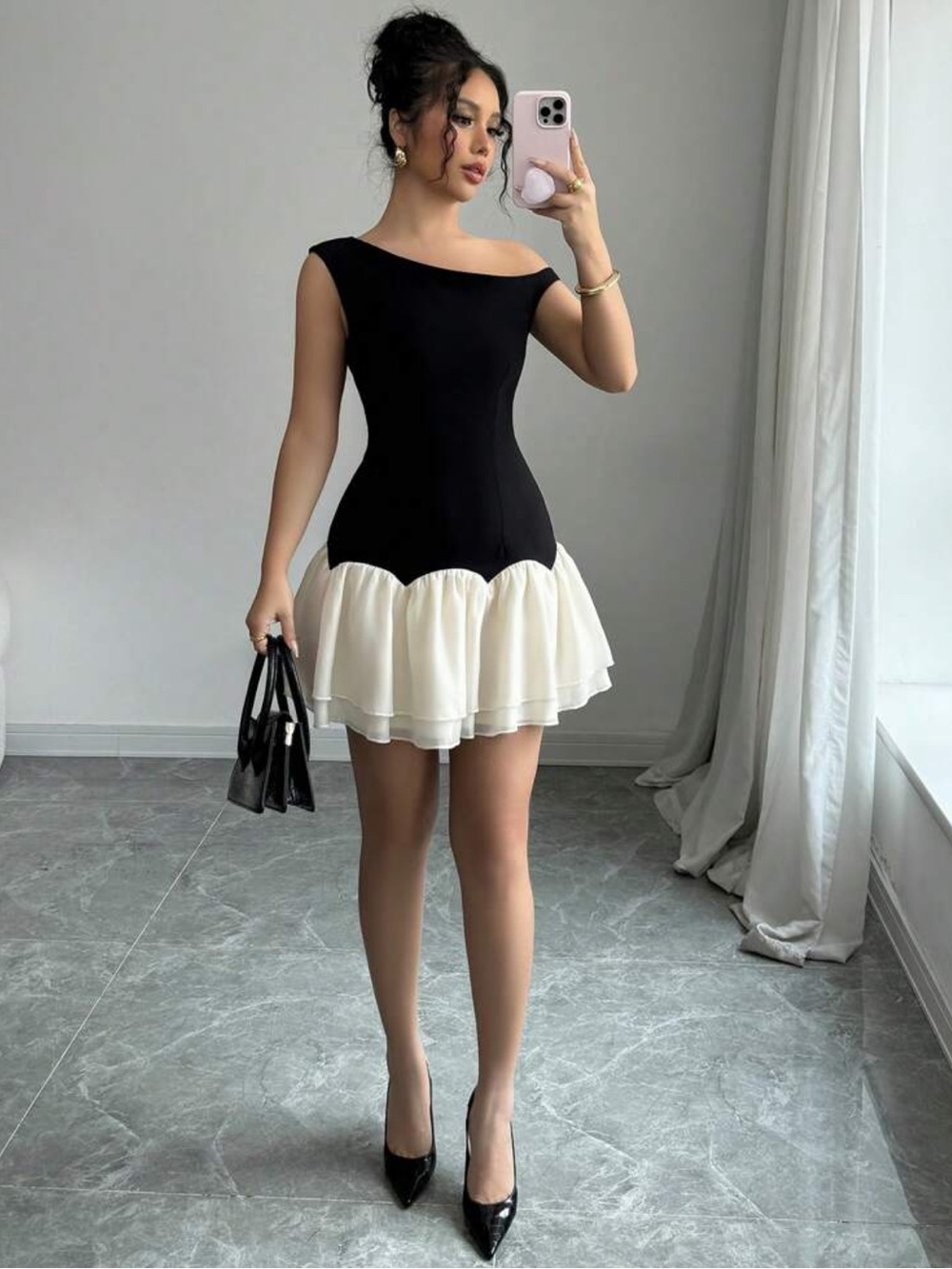 SHEIN Black Ivory Asymmetric Dress S